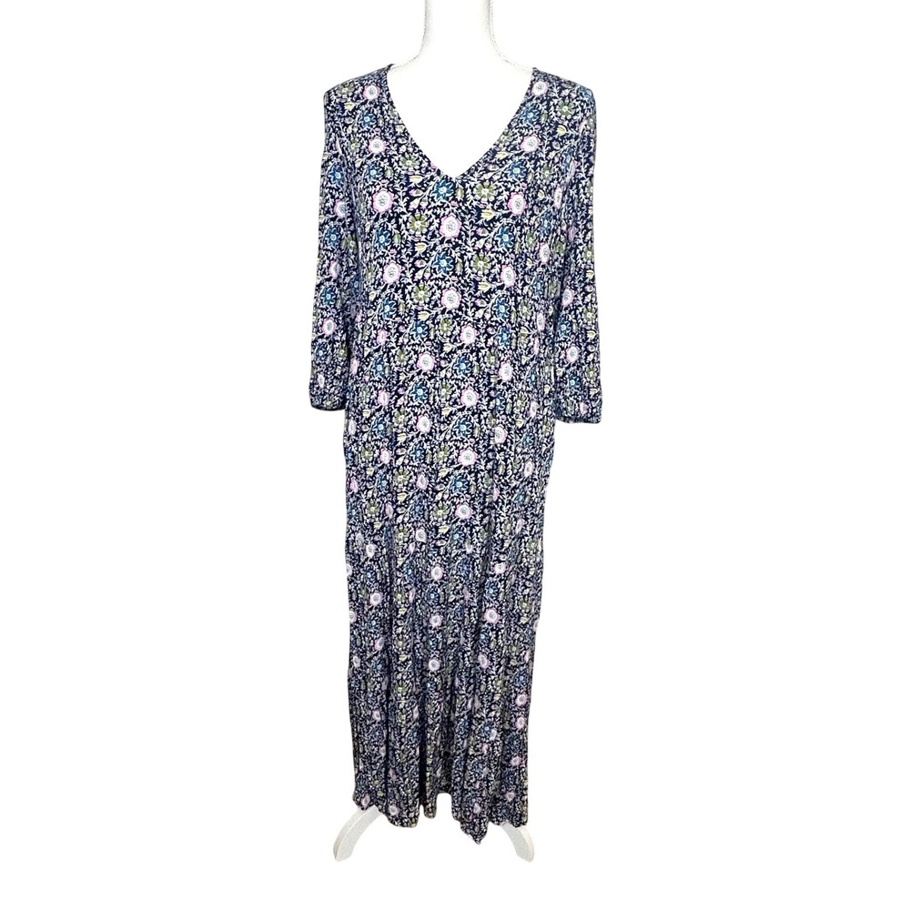 Boden Women Maxi Tiered Crinkle Dress Blue Floral V-Neck 3/4 Sleeve Casual 14
